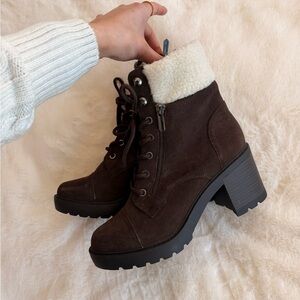 Women's Dark Brown Suede Lace-Up Ankle Boots with Shearling Collar
